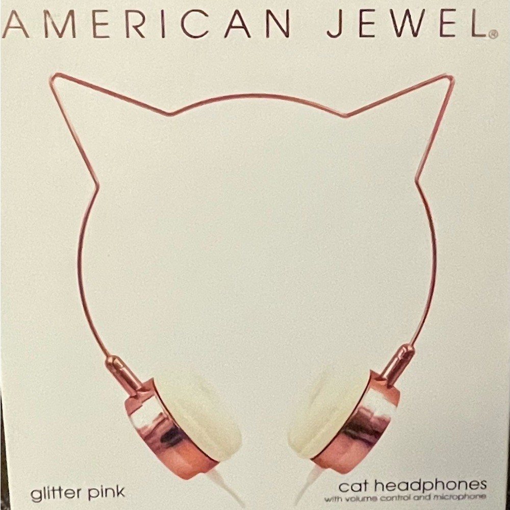 NEW Cat Ear Framed Rose Gold & Pink Glittter Headphones Cord w/Jack Input *NIB*